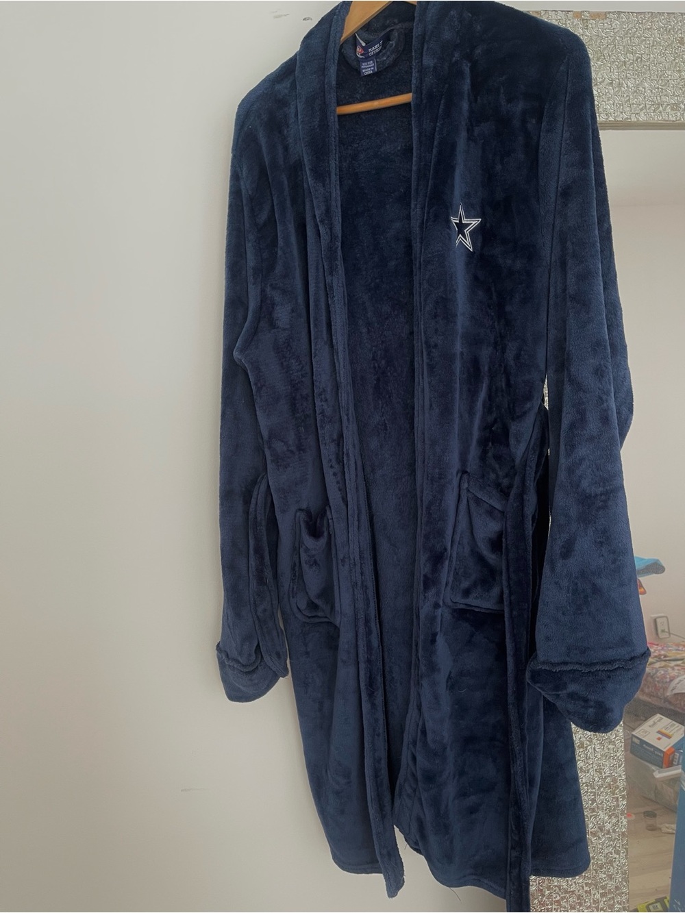 Plush Navy Men's Robe with Star Embroidery silk touch  one size fits